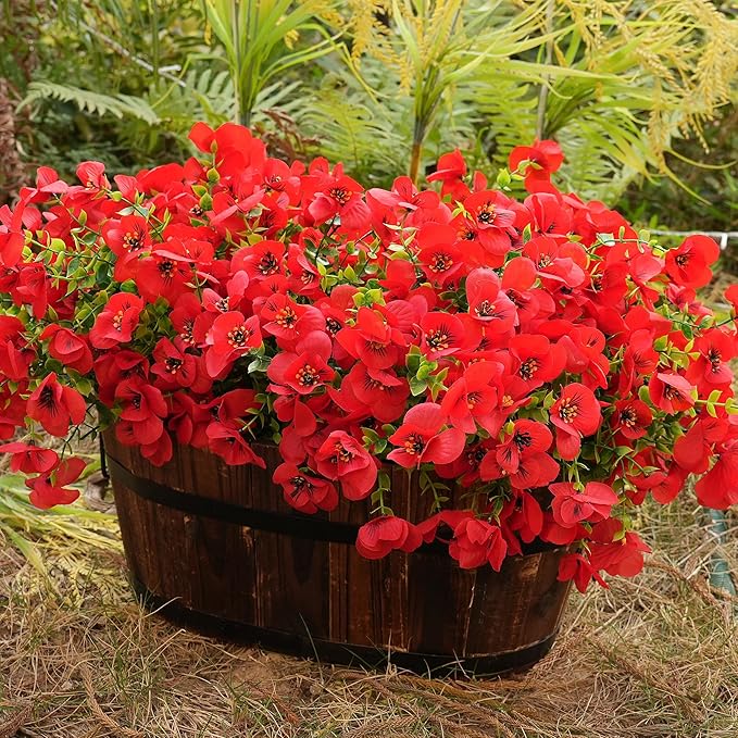 Artificial Flowers for Outdoor, UV Resistant Fake Silk Pansies Flowers, Realistic Faux Plants for Outside Indoor Porch Patio Window Box Planter Home Decor (16, Red)