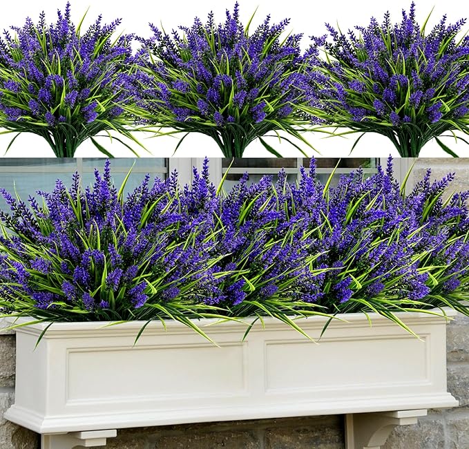 Geegoods Artificial Plants Flowers Outdoor – 48 Bundles UV Resistant Faux Lavender Flowers with Monkey Grass for Garden Porch Window Patio Hanging Planter Decor
