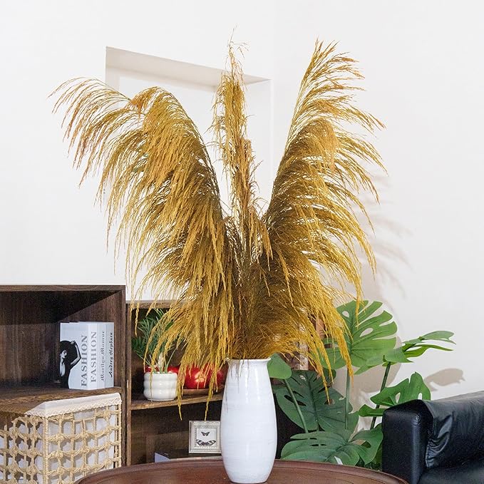 Golden Pampas Grass Decor Tall,Long Dried Pampas Grass for Floor Vase, Natural Pompas Floral, Elegant Feather Flowers for Wedding Living Room Decorations (Natural Gold, 6pcs 43.3"(110cm))