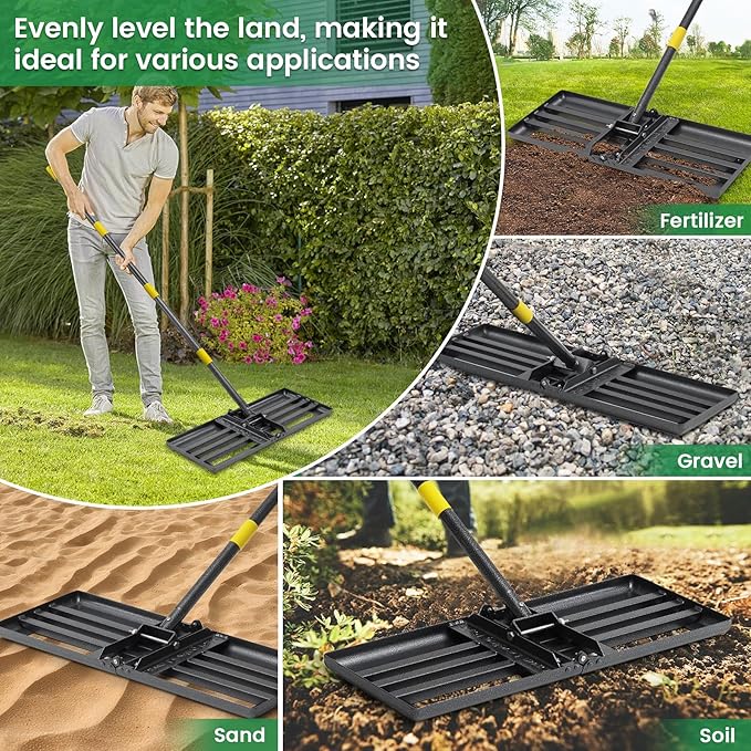 Lawn Leveling Rake - Heavy Duty 30" x 10" Lawn Leveler,Anti-Flip Edge, Adjustable 5FT Handle, Folding Plate for Yard, Soil, Sand, Topsoil Spreader - Garden Ground Top Dressing,Landscaping Tool