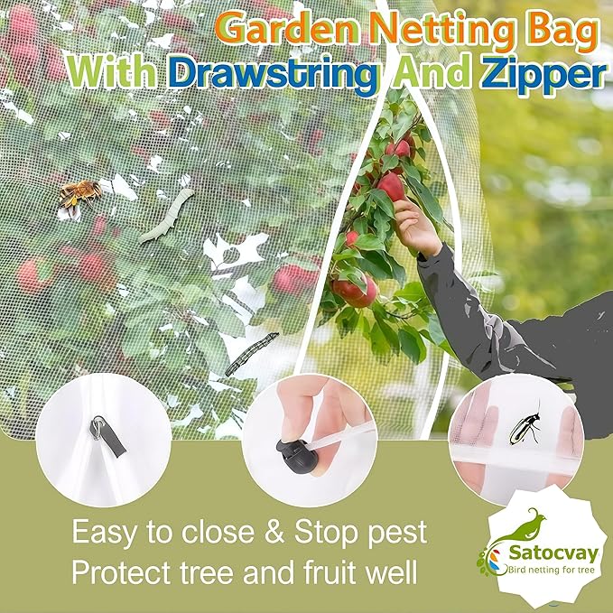 Fruit Tree Netting with Drawstring & Zipper - 3 Pack 6.6x8 FT - Reusable Plant Protection Bag, Heavy Duty PE Mesh Cover for Blueberry Bushes - Blocks Birds/Deer/Squirrels