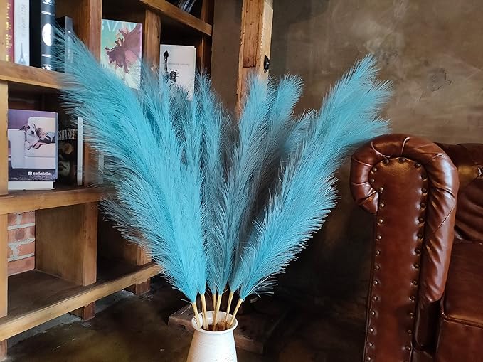 Premium Faux Teal Pampas Grass Decor 8pcs 43.3″ 110cm– Peacock Teal Tall Fluffy Feather Flowers, No Assembly 18-Branch One-Piece Stems for Boho Wedding & Coastal Home Decor, Floor Vase Accent