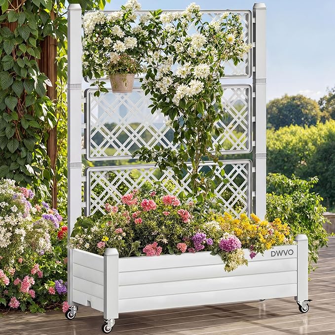 DWVO 3.6 x 1.5 x 5 FT Raised Garden Bed with Trellis, Large Outdoor Planter Trellis Box with Drainage Holes and Wheels for Climbing Plants, Grayish-White