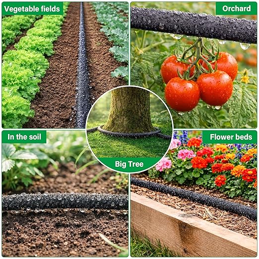 MIXC 80% Water-Saving Soaker Hose – 1/4" x 100 Ft Drip Irrigation Tubing for Garden, Lawn, Flower Beds & Vegetable Rows, with 1/4" Drip Fittings Included