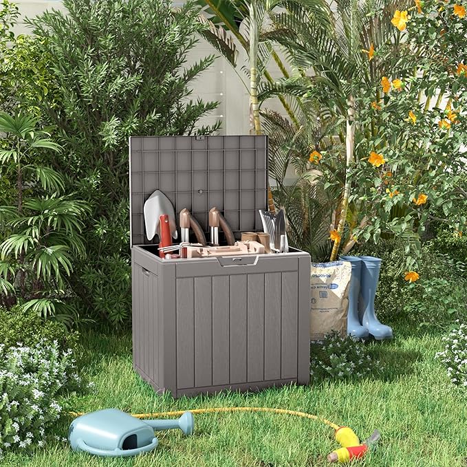 PatioZen 31 Gallon Resin Deck Box, Lockable Patio Outdoor Storage Box for Furniture, Garden Tools and Tools Storage, Waterproof Outside Storage Boxes - Grey
