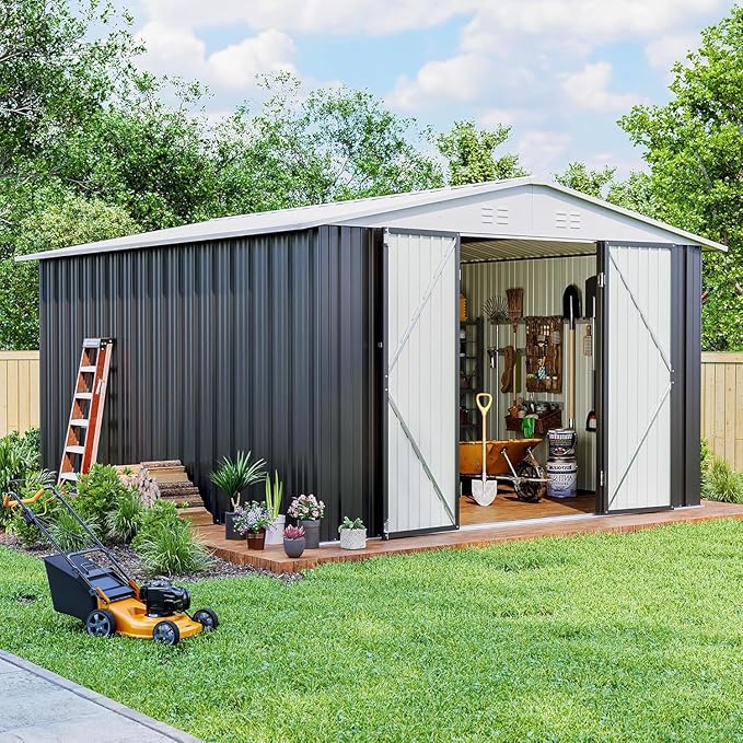 Polar Aurora 10x12 FT Metal Shed, Heavy-Duty Galvanized Steel Tool Storage Shed with Lockable Doors, Waterproof Outdoor Garden Shed for Outside, Backyard, Patio, Lawn, White