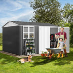 DWVO 10x10ft Metal Outdoor Storage Shed with Window, Lockable Tool Storage Sheds, Oversized Steel Garden Sheds with Sloped Roof for Backyard, Patio, Garage, Lawn, Gray & White
