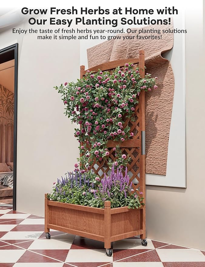 GarveeLife 1PC Wood Planter Box with Trellis - 29.5"x26"x61.5" Tall Raised Garden Bed with Wheels, Drainage Holes, Vertical Flower Stand for Patio Horticulture
