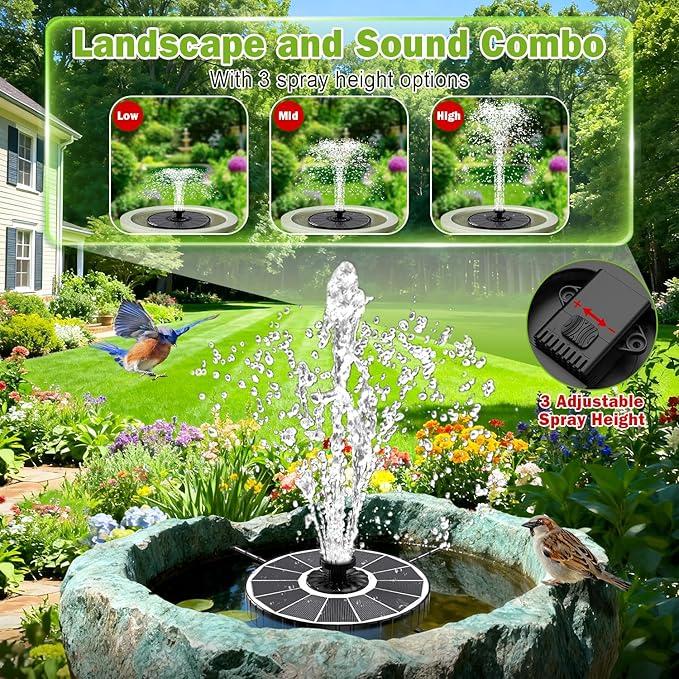 SZMP Solar Fountain with 3 Spray Height, 3.5W Glass Solar Bird Bath Fountain with 4 Adjustable Fixed Rods, and 7 Nozzles, Outdoor Solar Water Fountain Pump for Bird Bath, Garden, Pool, Pond