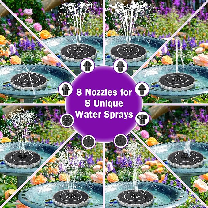 SZMP 3.5W Solar Fountain for Bird Bath with 2000mAh Battery & 3D Color Changing LED Light, Anti-Drift Fixer & 8 Nozzles, Solar Powered Water Fountain Kit for Garden, Patio, Pond (Colorful)