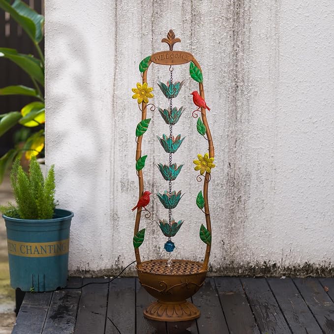 40.6" H Outdoor Tiered Water Fountain, Vintage Floor Standing Fountains with 6 Hanging Lotus Cups, Indoor Cascading Water Fountain Feature for Garden Yard Home Decor
