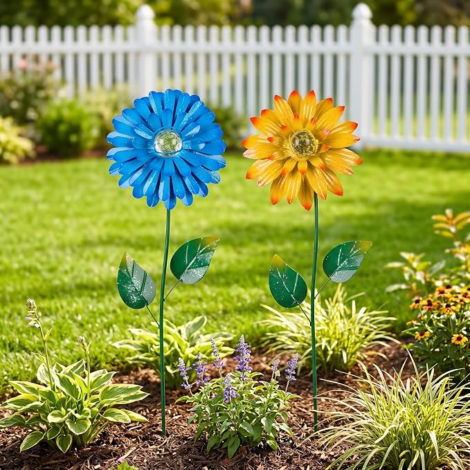 Topadorn Glow in The Dark Flower Garden Stakes – Set of 2, 25" Metal Light-Up Yard Decor with Swaying Flower Design, Outdoor Garden & Pathway Decoration