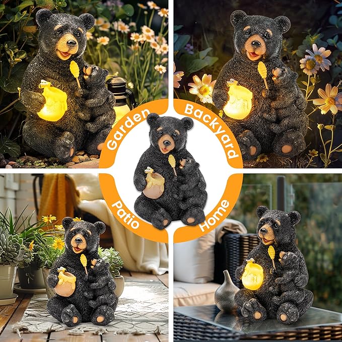 GIGALUMI Solar Garden Statues Bears 9", Loving Black Bear Decor, Yard Decorations Outdoor, Bear Figurine Lights for Outside, Garden Decor Unique Birthday Housewarming Gifts for Women, Mom