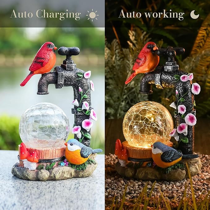 TERESA'S COLLECTIONS Garden Decor, Cardinal Garden Decor, Cute Cardinal and Faucet and Solar Light Glass Ball, Waterproof Resin Garden Statues, Birds Decor Gifts, Birthday Gifts for Women Mom, 6"