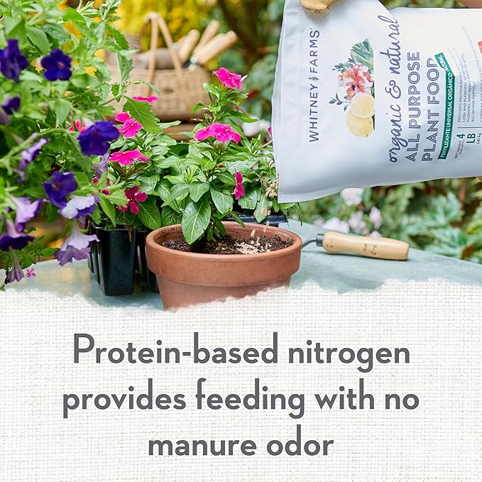 Whitney Farms Organic & Natural All Purpose Plant Food 9-2-6 - Fertilizer for Vegetable Garden, Flower Garden, In-Ground, Raised Bed, & Container Vegetables, Flowers, Fruits, and Herbs, 4 lb.