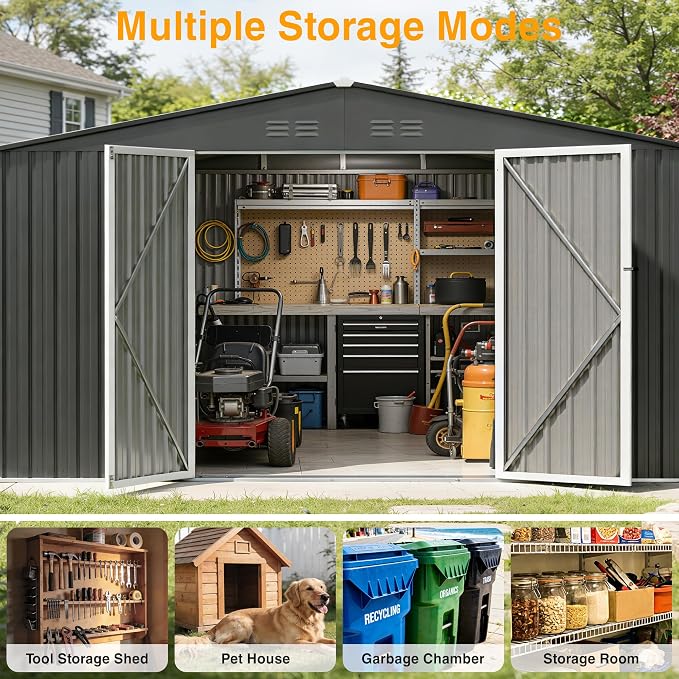12 x 10FT Dark Grey Outdoor Storage Shed, Metal Waterproof Shed Garden Tool Shed with Door and Lock Outdoor Storage,All-Weather Shelter for Bike, Gardening Tools, Lawn Mowers