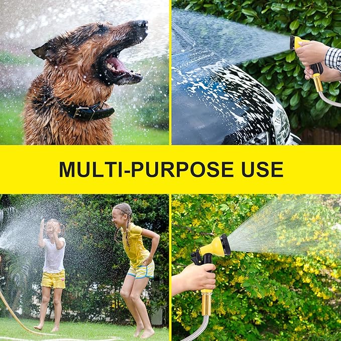 FOXEASE Metal Garden Hose 75FT - Stainless Steel Heavy Duty Water Hose with Metal Nozzle & 8 Function Sprayer, Portable & Lightweight Kink Free Yard Hose, Outdoor Hose
