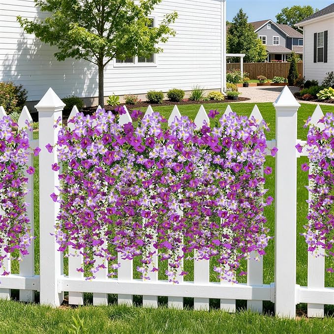 Artificial Fake Hanging Flowers Plants for Outdoor Spring Decoration,2 PCS Faux Silk Morning Glory with Eucalyptus Leaves,UV Resistant Realistic Trailing Vines for Balcony Porch Patio Yard Garden