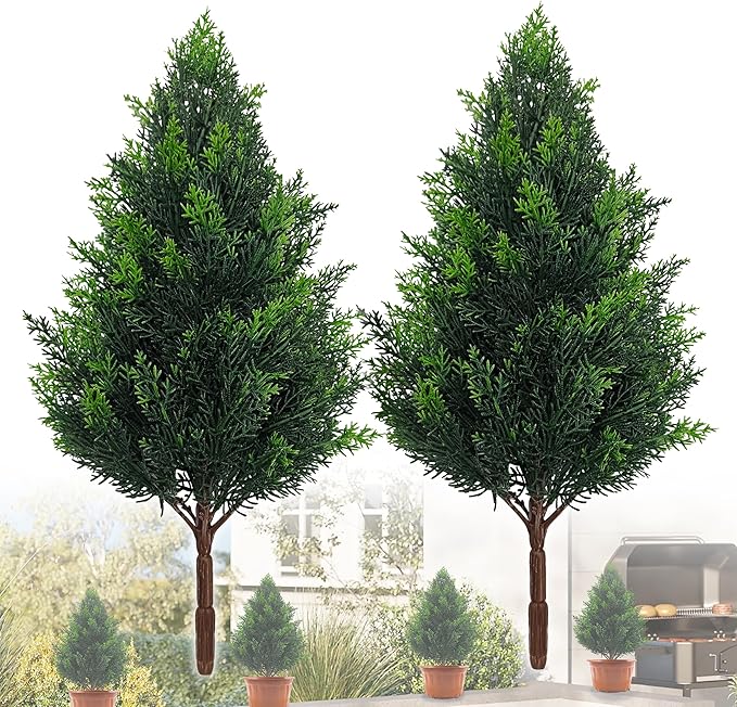 Artificial Cedar Topiary Plants: 20 Inch (2P) UV Resistant Faux Pine Stems Shrubs Plastic Greenery for Outdoor Indoor Home Decor, Garden, Front Porch, Office, Restaurant & Holiday Party