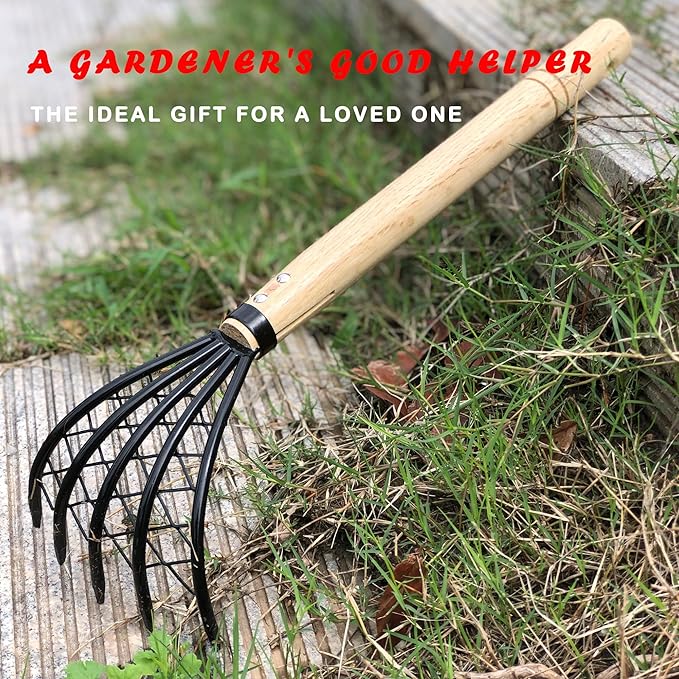 SHANFEEK Garden Rake 5-Claw Landscape Dethatcher Thatching Beach Combing Rake for Digging Clam Shell Defoliation Hoe Garden Tool for Loosen The Soil (Orange)