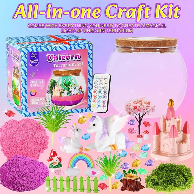 Hannstar Unicorn Light-Up Terrarium Kit for Girls- LED Night Light Unicorn Birthday Gifts for Kids Ages 4 5 6 7 8-12 Years-Unicorn Toys for Girls - DIY Arts and Crafts Kit for Kids