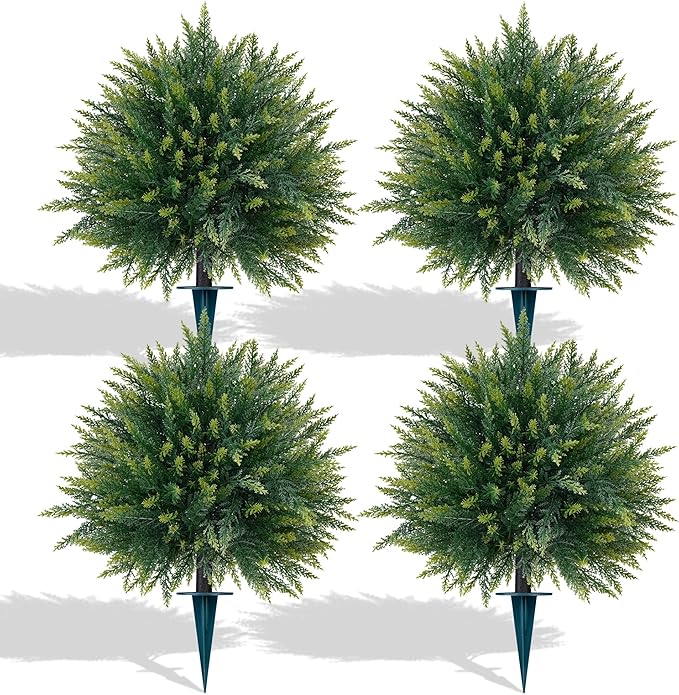 Yangrass 4PCS Artificial Cedar Topiary Ball Trees 23" for Outdoors with Ground Spike, UV Resistant Artificial Cypress Trees, Evergreen Shrubs Bushes Faux Plants for Front Porch Garden Backyard