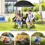 Goplus Double Camping Chair with Umbrella, Folding Loveseat Chairs w/Canopy Shade, Carrying Bag, Table, Cup Holder, Portable Beach Chairs Outdoor Picnic Patio (Black)