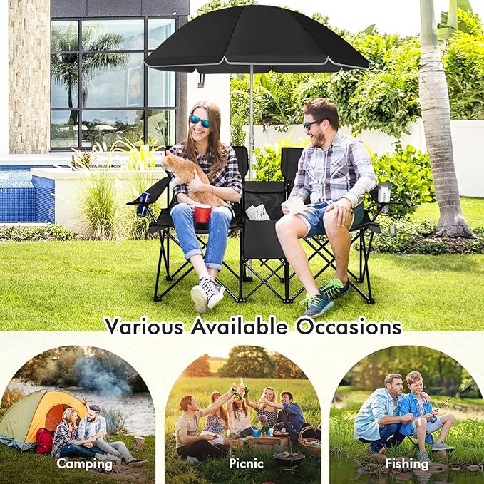 Goplus Double Camping Chair with Umbrella, Folding Loveseat Chairs w/Canopy Shade, Carrying Bag, Table, Cup Holder, Portable Beach Chairs Outdoor Picnic Patio (Black)