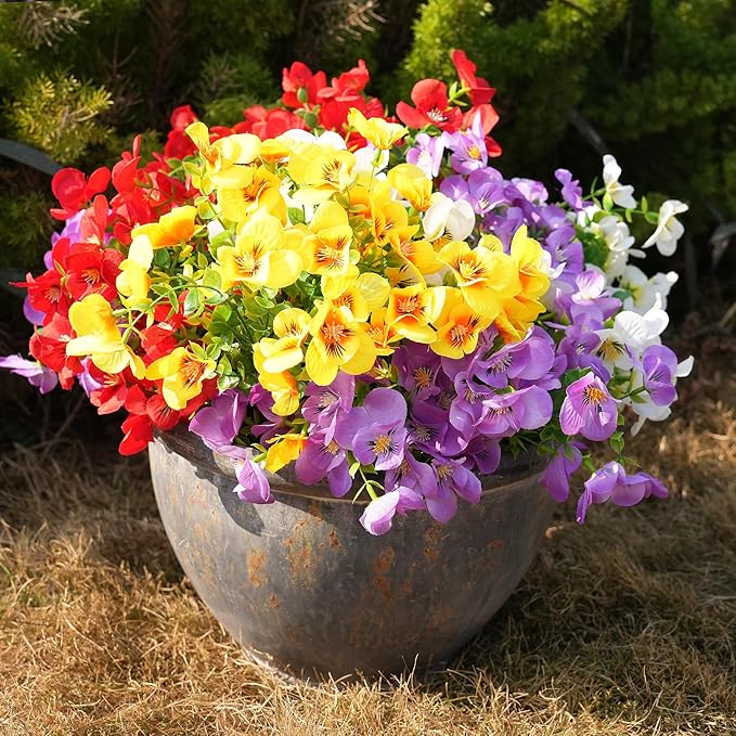 Artificial Flowers for Outdoor, UV Resistant Fake Silk Pansies Flowers, Realistic Faux Plants for Outside Indoor Porch Patio Window Box Planter Home Decor (16, Yellow Purple White Red)
