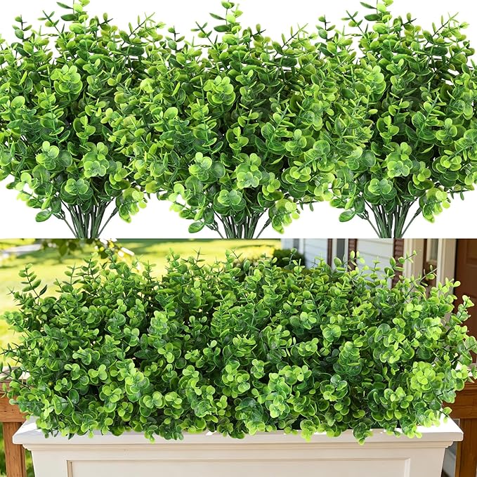 Artificial Greenery Eucalyptus Boxwood, UV Resistant Faux Outdoor Plants for Decoration, Realistic Fake Eucalyptus Leaves for Planter, Front Porch, Patio, Backyard Decor (12pcs)