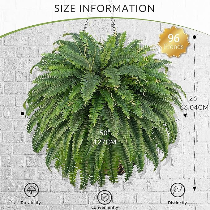 50" Fake Ferns Bush Plants with 96 Frond, 2 Faux Ferns for Outdoors Planter Large Garden Porch Entrance Balcony Windowsill Home Decor