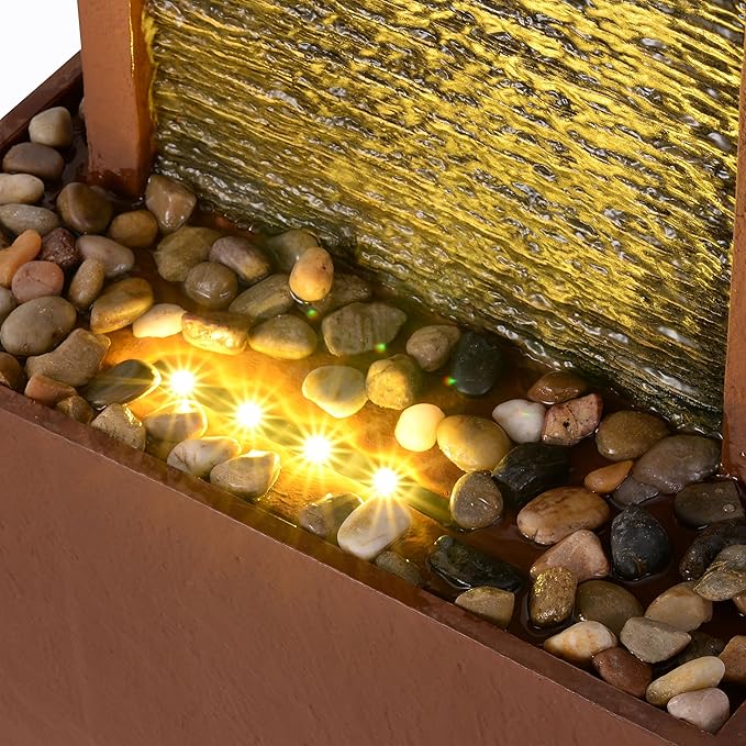 Teamson Home 38.5" Faux Slate Contemporary Outdoor LED Waterfall Fountain with Pebble Base, Red Rock