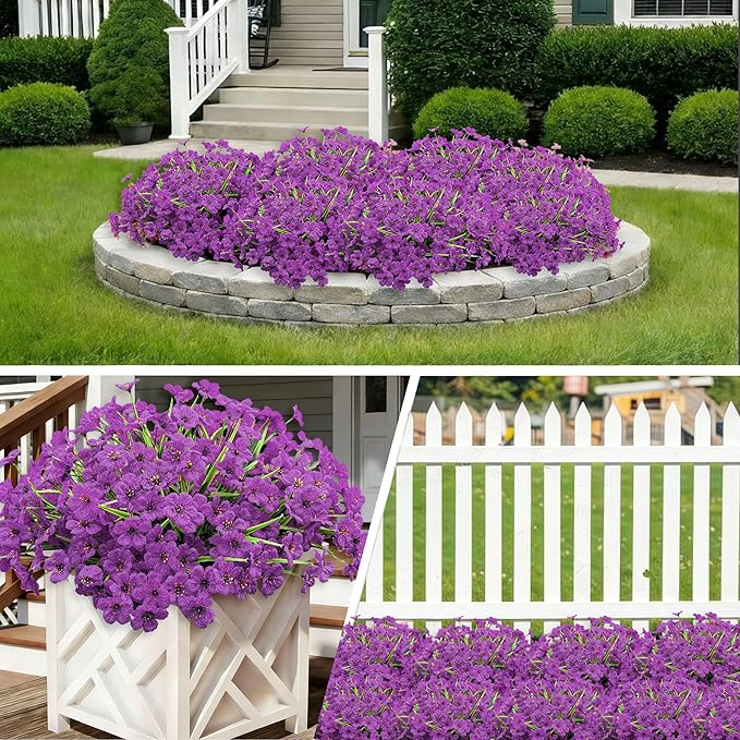 20 Bundles Artificial Flowers for Outdoors, UV Resistant Fake Realistic Flowers with Plastic Plants Spring Decor, Faux Silk Flowers for Outside Window Box Front Porch Planter Decor-Purple