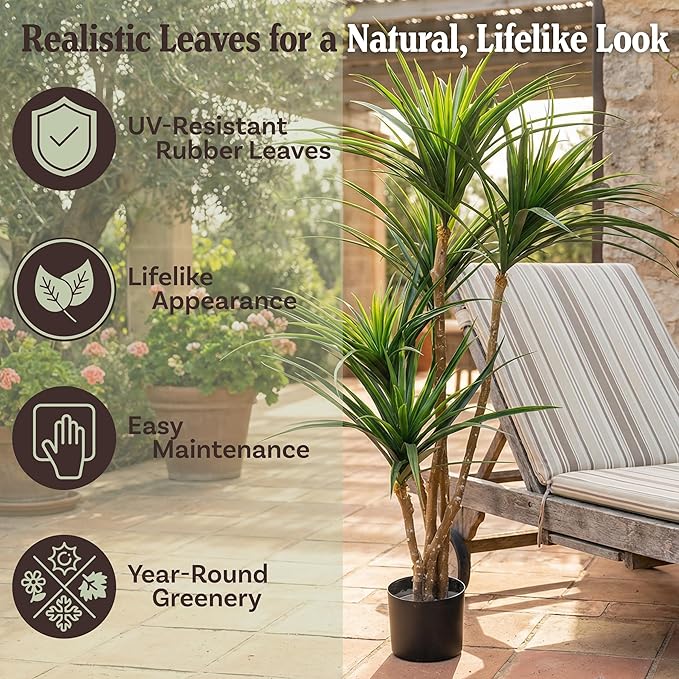 Pure Garden Artificial Tree - 51-Inch Tropical Yucca Plant with Rubber Leaves and Natural Trunk for Living Room, Bedroom and Office - Faux Plants