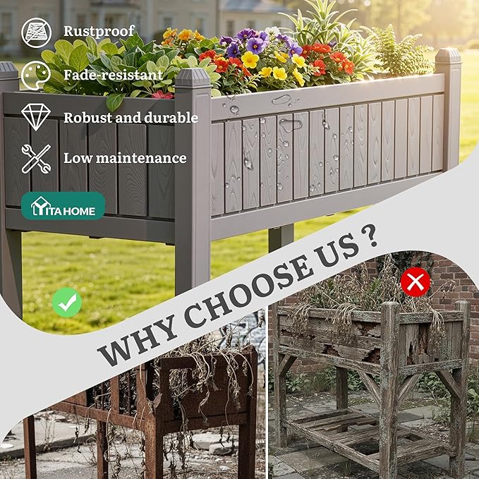 YITAHOME 42.5x17.3x35.4 in Raised Garden Bed, Outdoor Plastic Planter Box with Wheels, Legs, Drain Plug, and Storage Shelf for Plants, Vegetables, Flowers, Herbs, Brown