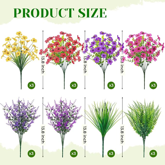 Der Rose 24 Bundles Fake Flowers Spring Artificial Flowers for Outdoors, UV Resistant Silk Flowers for Garden Patio Porch Farmhouse Home Decor (Colourful)