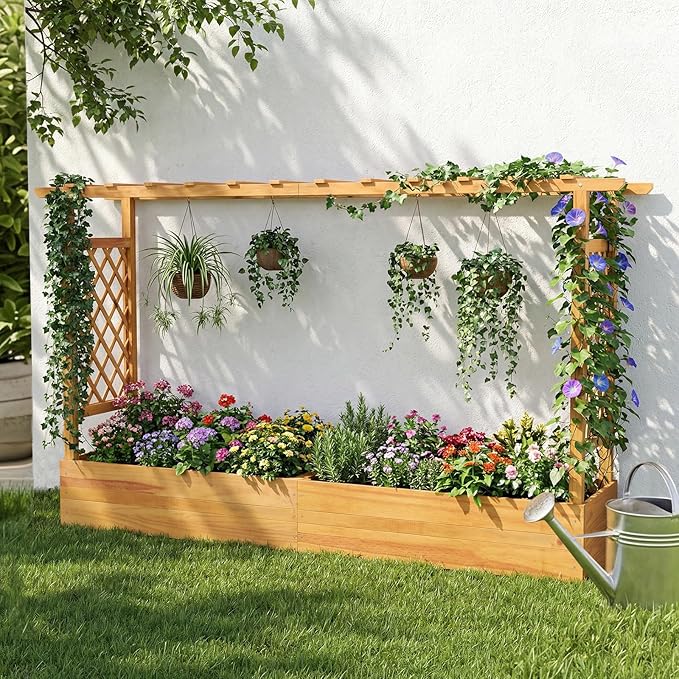 Happygrill 45" Raised Garden Bed with Trellis, 2 Pack Wood Planter Box w/Hanging Roof, 2 Side Trellises, Open-Ended Base for Flower, Climbing Plant, Plant Container for Garden
