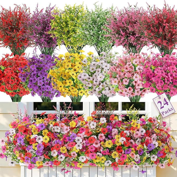 SHareconn 24 Bundles Artificial Flowers for Outdoors, Faux Plants Fake Silk Colorful Daisy Eucalyptus Lavender, UV Resistant for Outside Home Porch Patio Spring Decor, RedRosyPurpleYellowPinkWhite