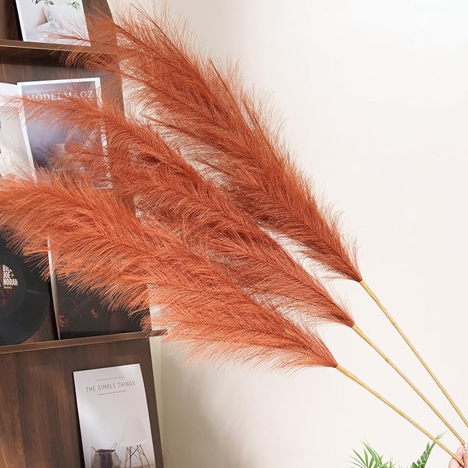 Premium Faux Burnt Orange Pampas Grass – 55" 8pcs Tall Ultra-Fluffy 24-Branch One-Piece Stems No Assembly, Luxury Silk-Feel Feather Flowers for Fall Autumn Boho Home Decor (Terracotta, 8 Stems)