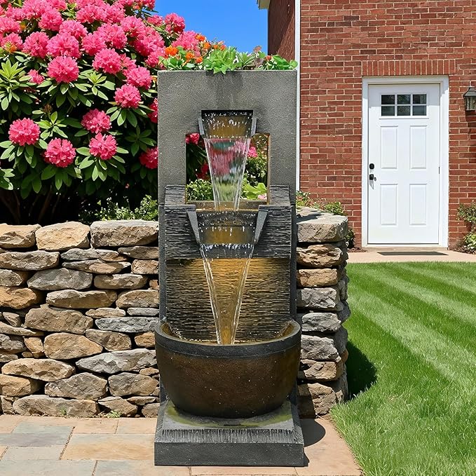 Bumilgar 39" H Modern Indoor Fountain with LED Lights and Pump, 3-Tier Standing Cascading Waterfall - Modern Design for Garden/Patio/Yard, Multi-Level Outdoor Decor 15“x14”x39“(Brown)