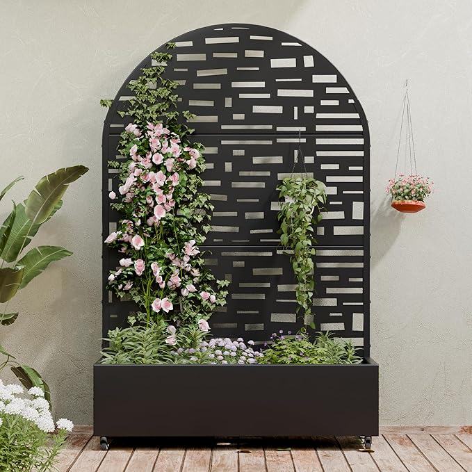 Casaphoria Metal Raised Garden Bed with Trellis and Wheels, 72"x47"x16" Arched Planter Box for Climbing Plants, Vegetables & Vines, Features Drainage Holes and Privacy Screen (Black-Gerald)