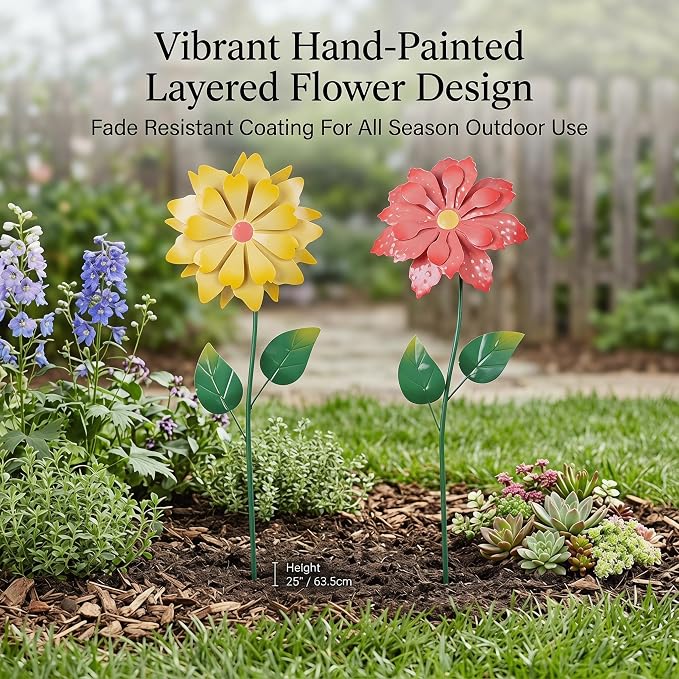 Topadorn Set of 2 Metal Garden Stakes 25", Wind-Responsive Flower Outdoor Yard Decor, Weather Resistant Decorative Garden Stakes for Lawn, Patio & Pathway