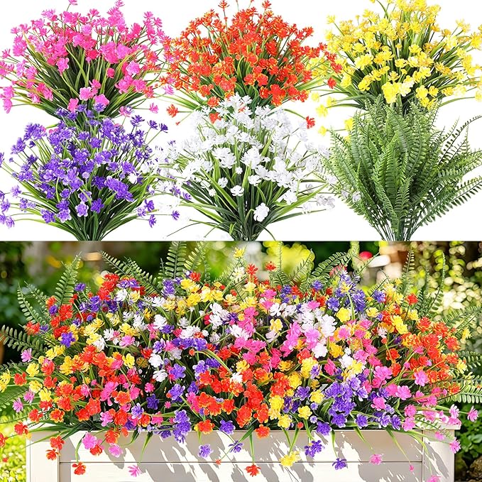 24 Bundles Artificial Outdoor Flowers, UV Resistant Faux Flowers for Outdoor Planters, Plastic Fake Plants for Front Porch Patio Garden Hanging Basket