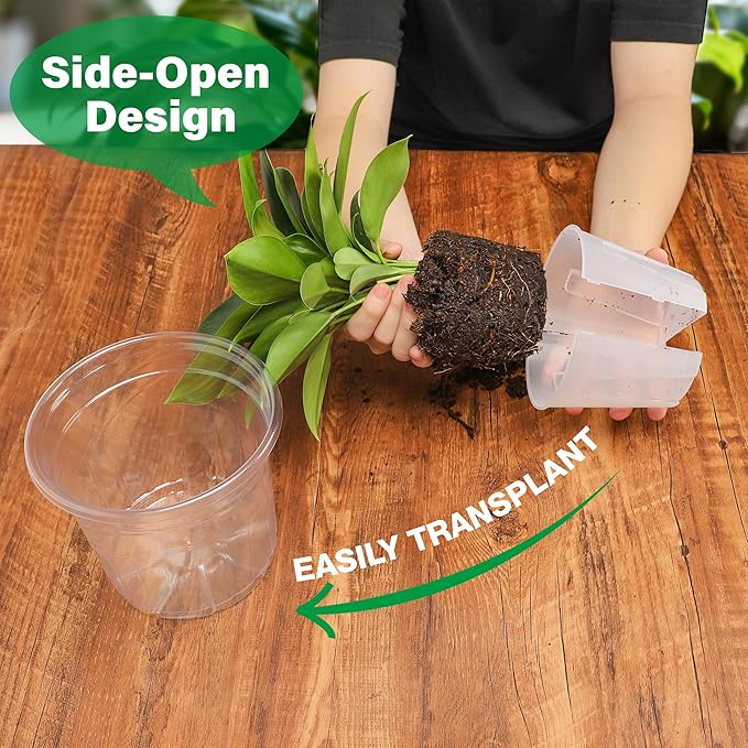Bluepro 5 Inch Side-Open Orchid Pots 12 Pack, Clear Plastic Nursery Planters with Detachable Side Walls for Easy Repotting, Breathable Slotted Flower Pots with Drainage for Root Health