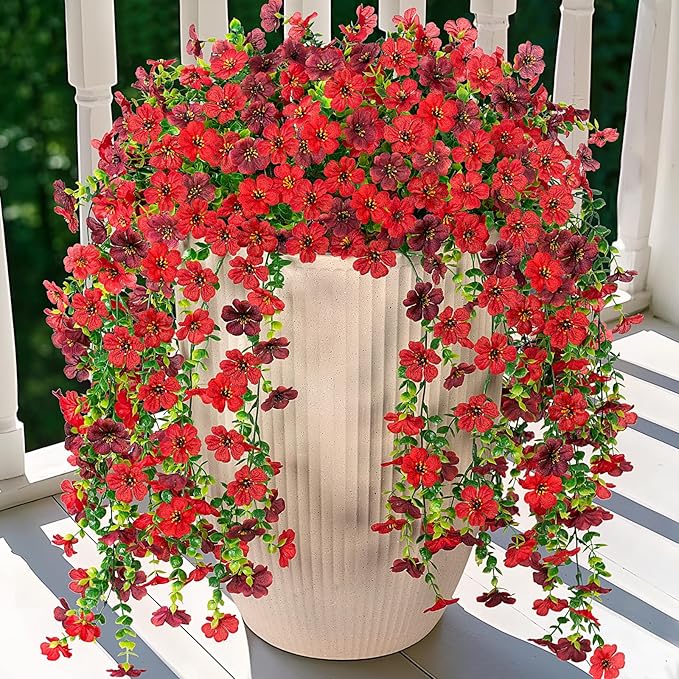 Artificial Fake Hanging Plants Flowers for Spring Outdoor Outside Decor, Faux Mums Silk Realistic Flower, 2 Pcs UV Resistant Look Real Plastic Decorations for Porch Home Patio Balcony Yard
