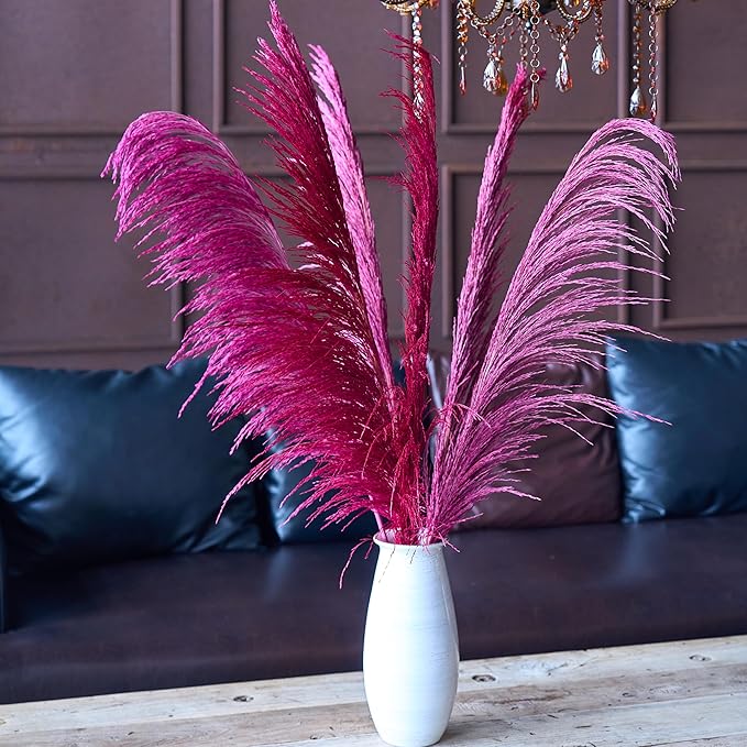 Hot Pink Pampas Grass for Floor Vase Decor, Tall Natural Pampas Grass, Large Dried Pompas Floral, Elegant Feather Flowers for Wedding Living Room Decorations (Natural Purple Red, 6pcs 43.3"(110cm))