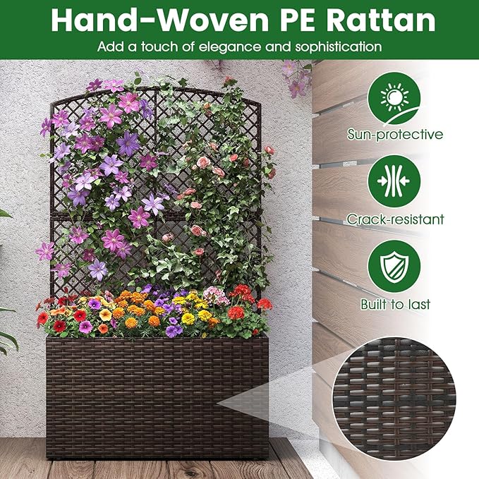 HAPPYGRILL Raised Garden Bed with Trellis, 49" Wicker Planter Box w/Privacy Screen, Liner, Drainage for Patio Balcony, Outdoor PE Rattan Elevated Garden Bed for Climbing Plant Vine Flower (Brown,2)