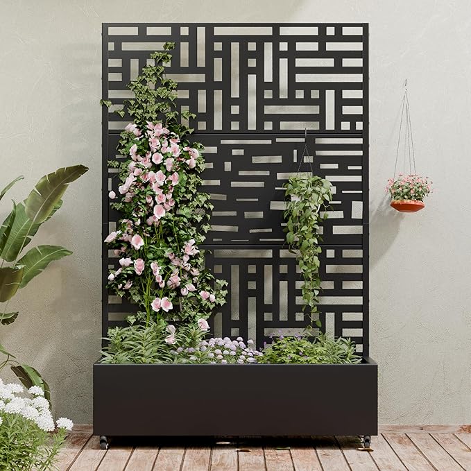 Casaphoria Metal Raised Garden Bed with Trellis and Wheels, 72"x47"x16" Planter Box for Climbing Plants, Vegetables & Vines, Features Drainage Holes and Privacy Screen, Black(Helen&Gerald)