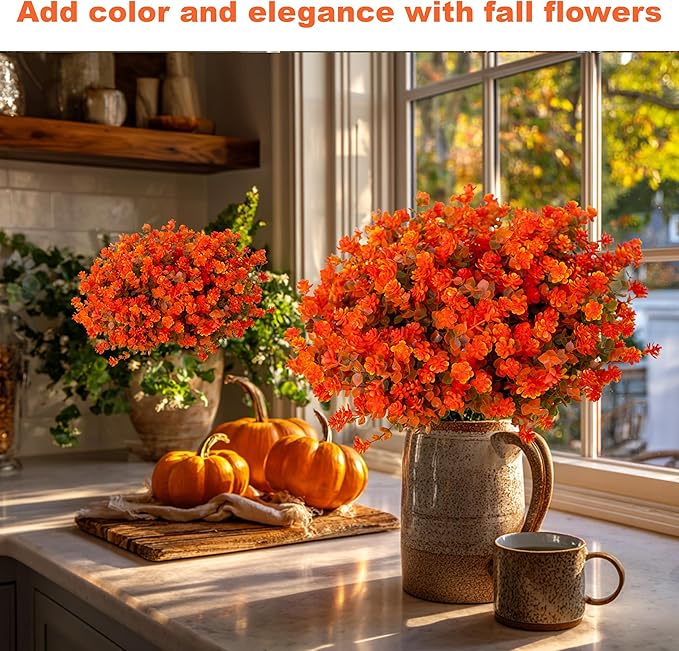 Artificial Fall Flowers Outdoor Fake Mums - 12 Bundles Fake Plants UV Resistant No Fade Faux Plastic Greenery Garden Porch Patio Fall Home Decor(OrangeGreen)