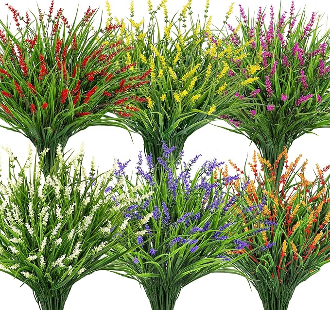 24 Bundles Artificial Plants Flowers Outdoor, Faux Lavender Flowers Fake Monkey Grass UV Resistant Plastic Plant for Porch Garden Patio Window Home Decor, Mixed Color
